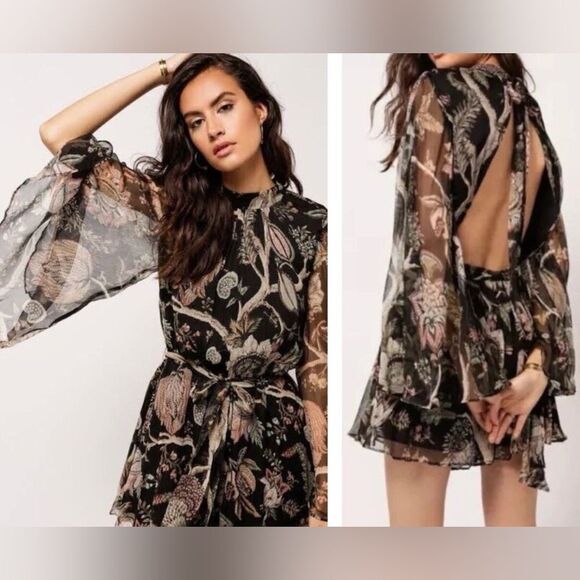 Zimmermann Playsuit Womens Size 1 (S) Lavish Flare Sleeve Botanical Floral Silk